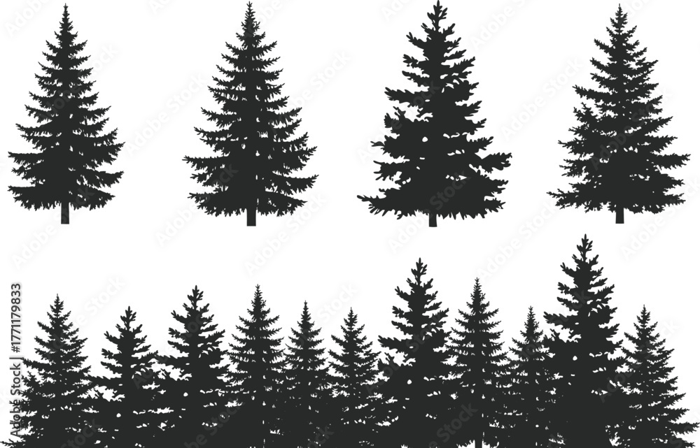 Obraz premium Collection tree silhouette isolated on white background on white background. forest landscape, representing winter holiday, celebration, and festive decoration in vector format. Eps 10