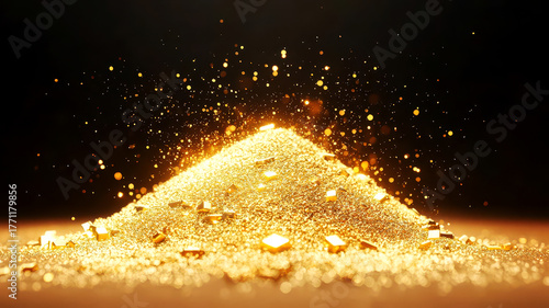 A pile of gold dust sparkling under direct light, gold dust, pure wealth,