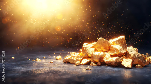 A pile of gold nuggets, rough and unrefined, glowing against a dark surface, gold nuggets, natural wealth,