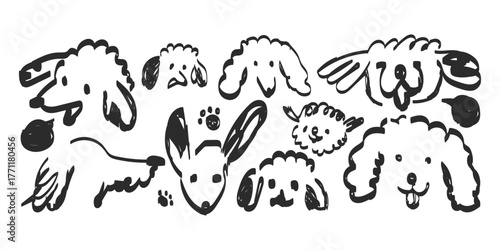Whimsical hand drawn sketch collection of various dog breeds and animal faces in black ink