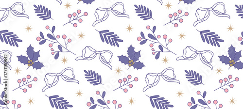 かわいいリボンと冬の葉っぱのシームレスパターン背景素材