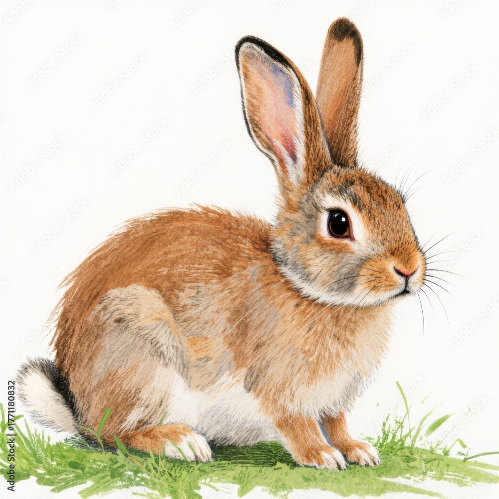 Fototapeta premium Friendly Brown Rabbit Sitting on Green Grass Surrounded by Nature in Bright Lighting