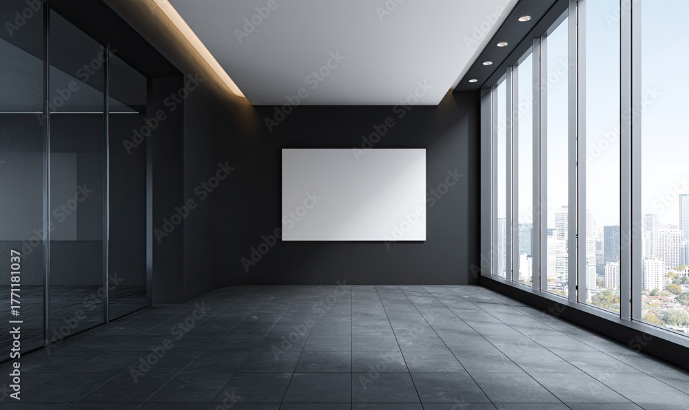 Obraz premium Modern interior with blank canvas on dark wall, large windows and cityscape views