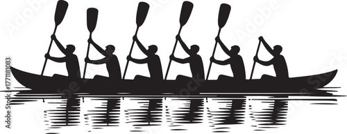 Team rowing canoe together on water paddling