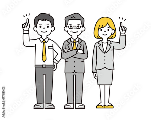 ポイントを説明する、様々な年齢のビジネスチームのシンプルな全身ベクターイラスト素材セット