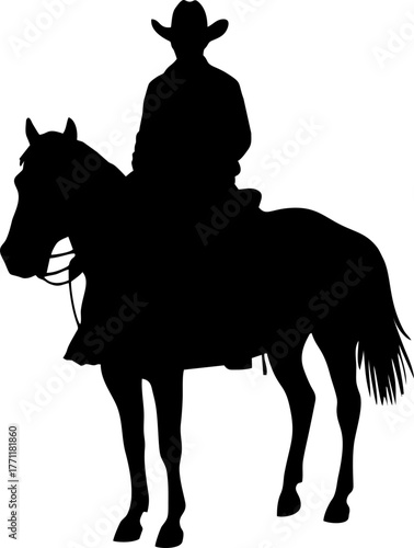 A vector silhouette three cowboys and one cowgirl riding horses and one cowboy is walking and leading a horse