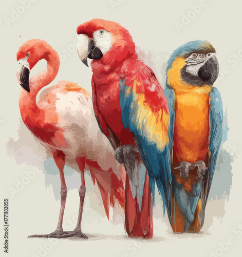  Tropical Bird Family Colorful Vector.
