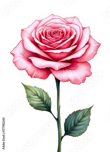 Beautiful Pink Rose Flower with Detailed Petals and Lush Green Leaves on White Background