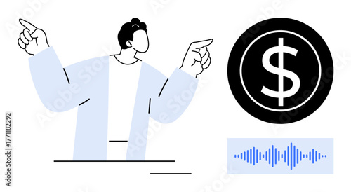Man pointing at dollar icon and soundwave depicting communication, finance, earnings, discussion, business, investment, and technology. Ideal for money talks, advice marketing and simple flat