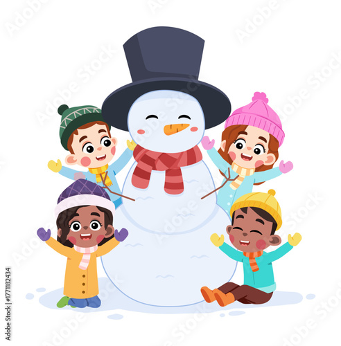 Happy Kids with Snowman in Winter Season