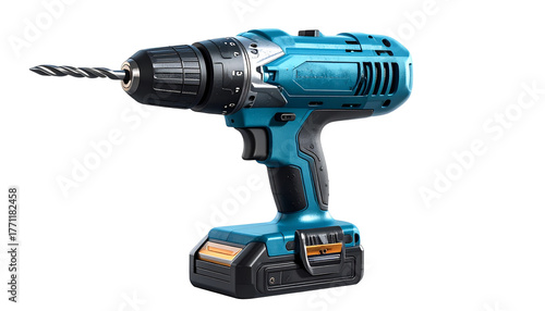 Realistic electric drill machine with detailed metallic and plastic textures, visible drill bit, isolated on a white or transparent background, PNG format