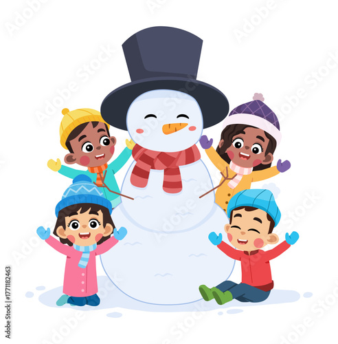 Happy Kids with Snowman in Winter Season