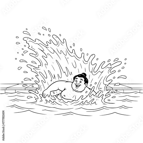 Cheerful sumo wrestler splashing in swimming pool, simple funny coloring page for toddlers Generative ai 