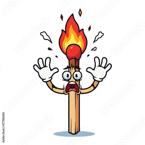 Cartoon matchstick character with a burning head, looking scared and raising its hands.