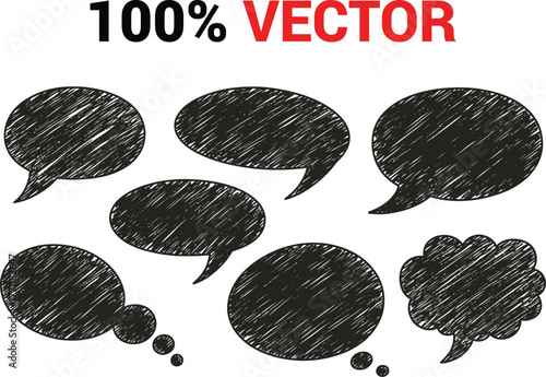 Collection of seven black hand drawn speech bubble silhouettes with scribbled texture on a white background silhouette
