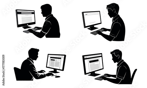 Silhouette illustration of man working on computer at office desk
