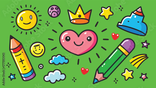 Hand-drawn crayon child pencil style icons set on green