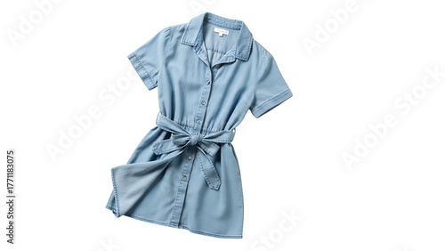 Casual light wash denim short sleeved dress with self tie belt displayed isolated on black background