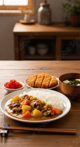 Comforting Japanese curry rice meal with tonkatsu cutlet and miso soup on a wooden table.
