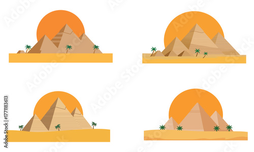 Egyptian pyramid illustration with desert landscape and sunset background

