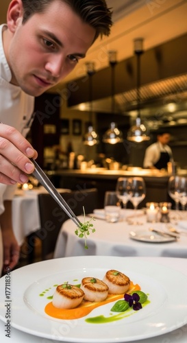 Chef meticulously plating gourmet scallops in elegant restaurant setting.