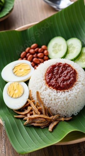 Nasi Lemak A Traditional Malaysian Dish Served on Banana Leaf.