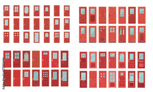 Set of red door illustrations showing different window and panel designs for architecture concept

