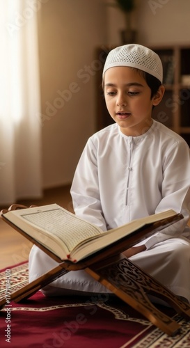 Young Muslim Boy Reading Quran in Traditional Attire.