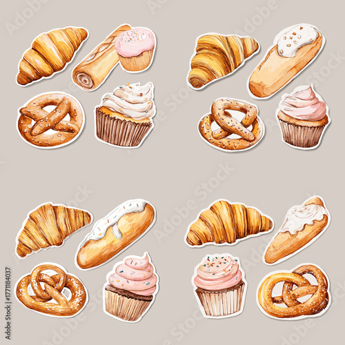 Watercolor illustration set of delicious bakery items including croissants, pretzels, cupcakes, and baguettes. Perfect for cafe design, food packaging, and bakery branding.