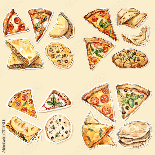 Hand-drawn pizza and flatbread illustration set featuring assorted slices, calzones, focaccia, and baked breads. Colorful food clipart perfect for menus, stickers, and branding.