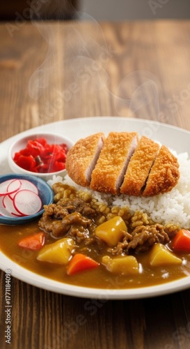 Delicious Japanese chicken katsu curry rice with vegetables and pickles.