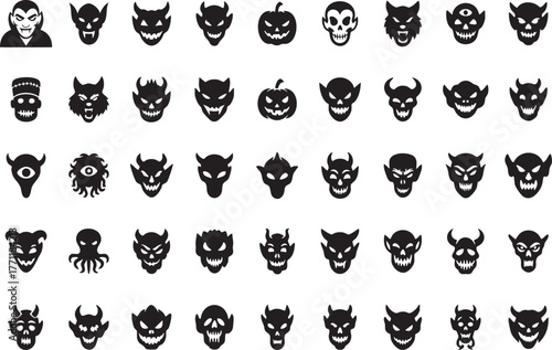Large Collection of 50+ Halloween Monster Head Silhouettes. Demon, Devil, and Horror Icon Set
