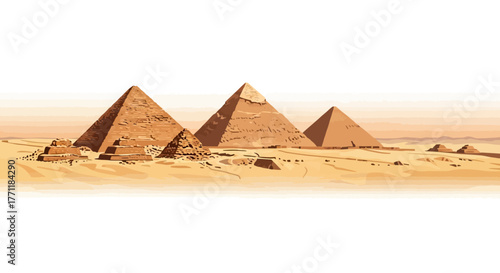 The iconic Great Pyramids of Giza standing tall in the vast Egyptian desert under a hazy sky.