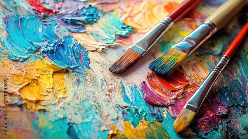 Fototapeta premium Artist's Palette with Paint Brushes. Colorful Paint Strokes and Art Tools. Possible Use Stock Photo