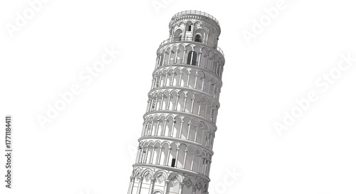 Architectural illustration of the iconic Leaning Tower of Pisa against a white background.