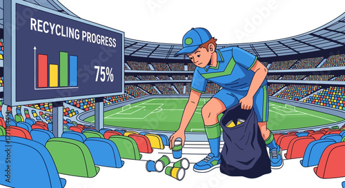 Stadium Steward Collecting Recycling Waste to Improve Recycling Progress Score