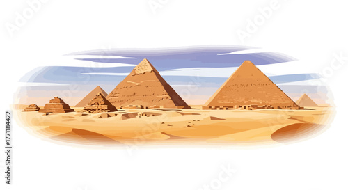 An artistic illustration of the great pyramids of Giza in the Egyptian desert under a blue sky.