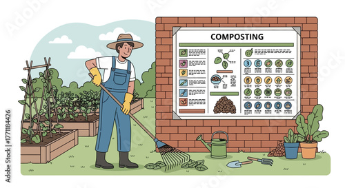 Illustration of a gardener raking leaves for compost near composting guide