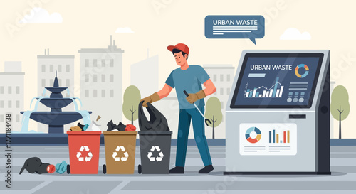 Depicting urban cleanliness: An eco-conscious volunteer collecting garbage on city avenues