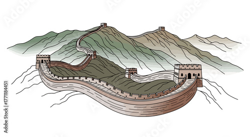 An artistic illustration of the Great Wall of China winding through mountainous terrain with watchtowers.
