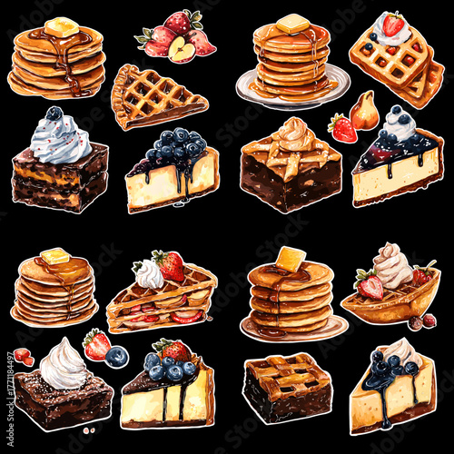 Watercolor illustration of pancakes, waffles, cakes, and desserts with fruits and syrup on a black background, perfect for bakery, café, breakfast menu, and food design