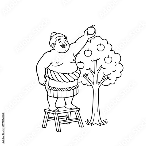 Funny sumo wrestler picking apple from tree, simple cheerful coloring page for toddlers Generative ai