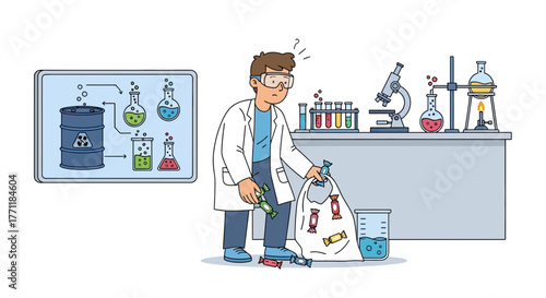 Humorous depiction of a scientist disposing of sweets instead of chemicals in laboratory