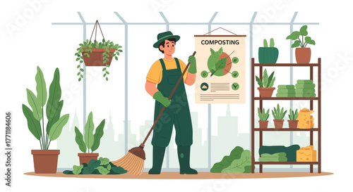 Sustainability Focused Illustration of a Gardener Composting and Caring for Plants