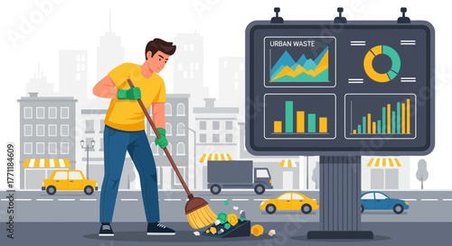 Cleaning professional with broom sweeping a city street with urban waste data billboard