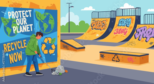 Illustrative depiction showcasing a clean-up effort beside skate park promoting environmental stewardship