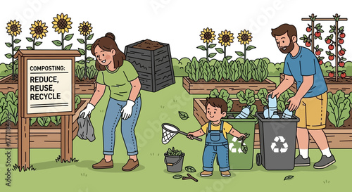 Cartoon illustration showcasing a family involved in eco-friendly practices and sustainable living