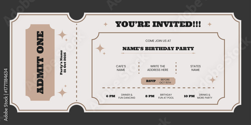 Vintage style invitation card template. Birthday ticket invitation in retro. Party ticket card design.