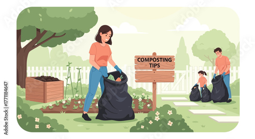 Family engaged in composting activities within a serene garden setting illustration
