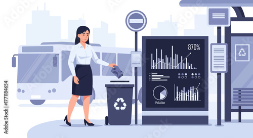 Eco-Conscious Commuting: Businesswoman Disposing Waste at a Smart Bus Stop
